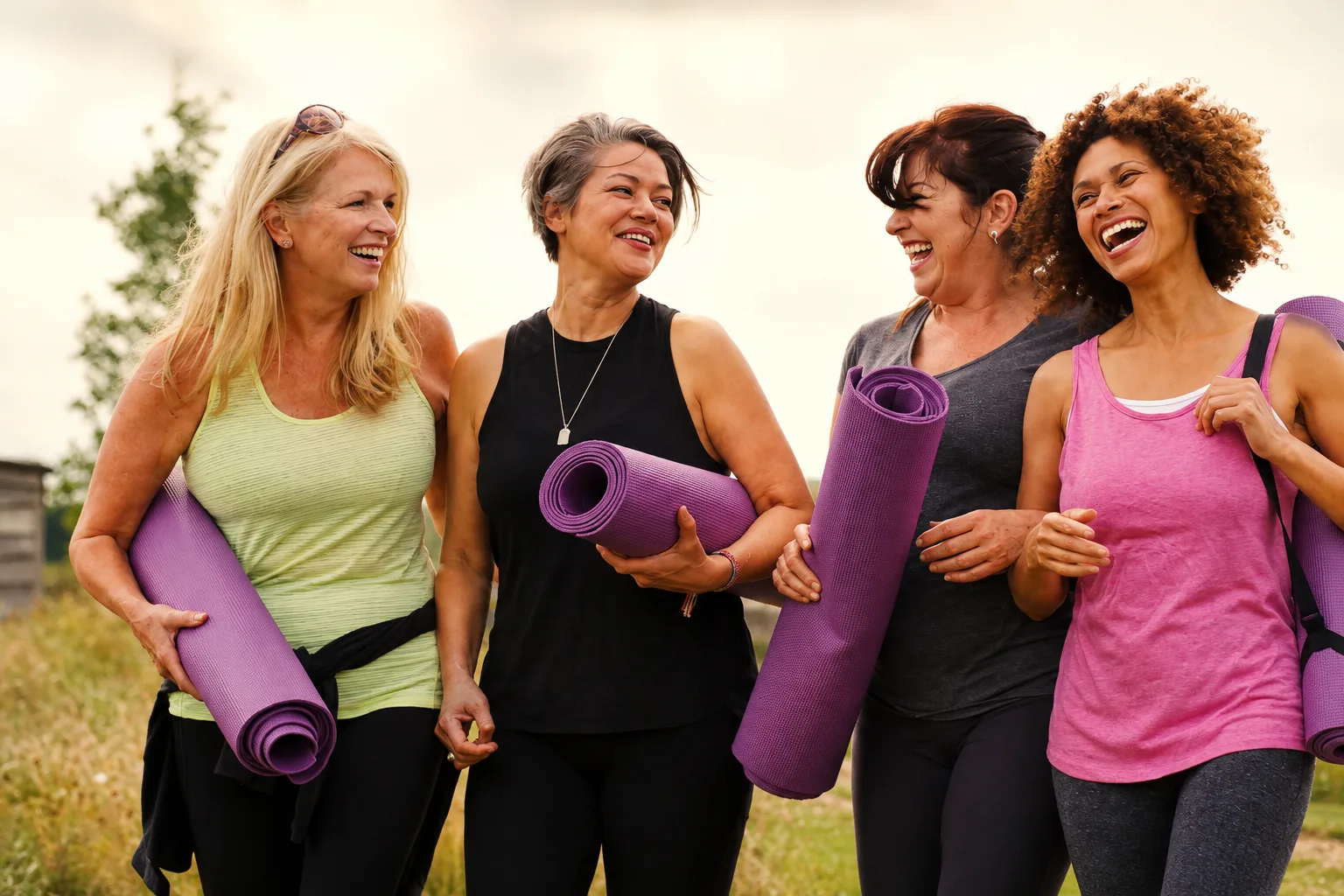 A happy group of mature female friends carrying yoga mats